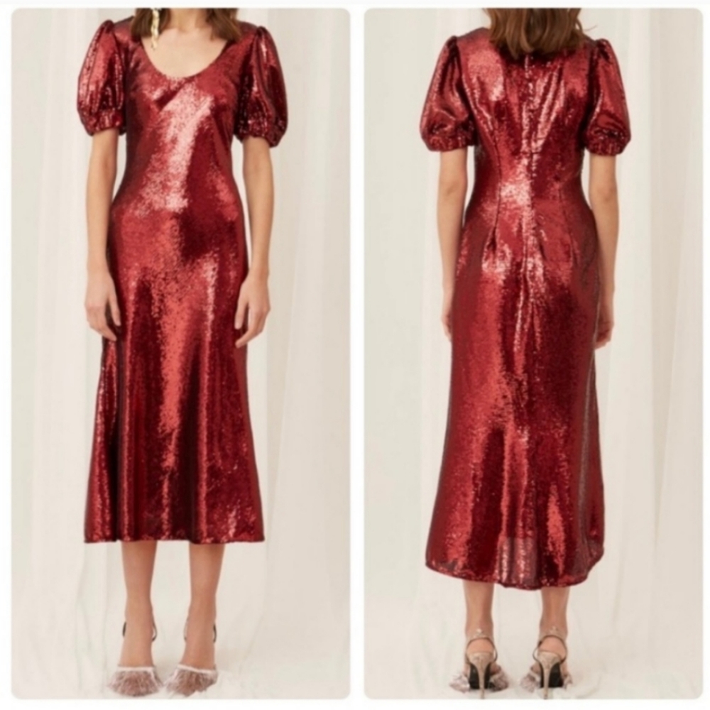 Anthropologie Ruby Red Sequin Puff Sleeve Midi Dress